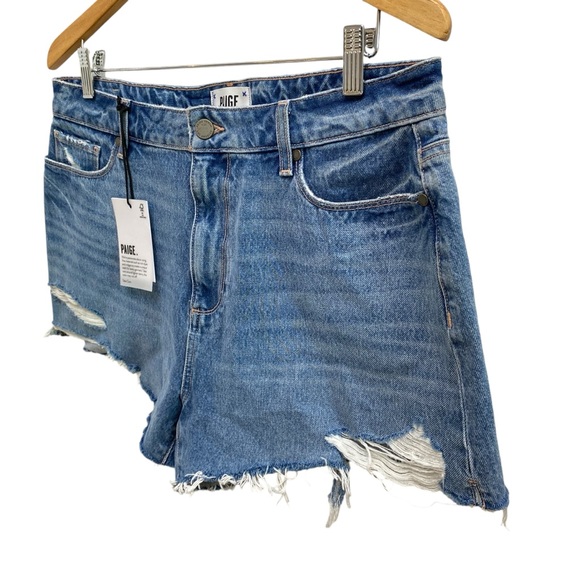 Paige Margot High Rise Distressed Raw Hem Denim Shorts In Kat Destructed NWT - Picture 5 of 15